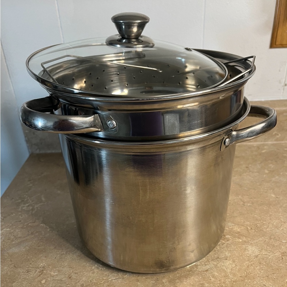 Stainless Steel Stock Pot with Steamer Insert and Glass Lid
